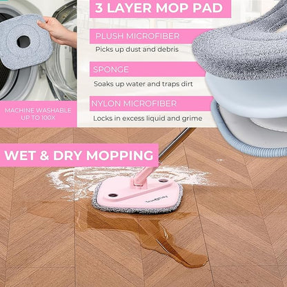Square Spin Mop & Bucket Smart Floor Mop with Separate Compartments for Clean and Dirty Water, Self Cleaning 2025 Upgraded Version w/Side Brush & Self-Standing Handle, Rose