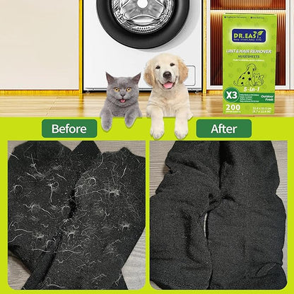 Dr.Easy LINT & HAIR REMOVER Pet HUGESHEETS with 3X Dryer Sheets, Outdoor Fresh, 200 Count,PLANT&MINERAL-BASED FORMULA