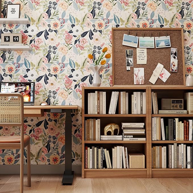 Timeet Floral Wallpaper Peel and Stick Vintage Floral Contact Paper Peel and Stick 17.3" x 120" Flower Wallpaper Boho Leaf Removable Self Adhesive Wall Paper for Cabinets Bedroom Wall Decorative