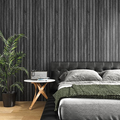 VEELIKE Charcoal Black Wood Slat Wallpaper Peel and Stick Modern Wood Panel Wallpaper for Accent Walls Backdrop 24''x354'' Self Adhesive Removable Slat Wall Paneling for Bedroom Bathroom Living Room