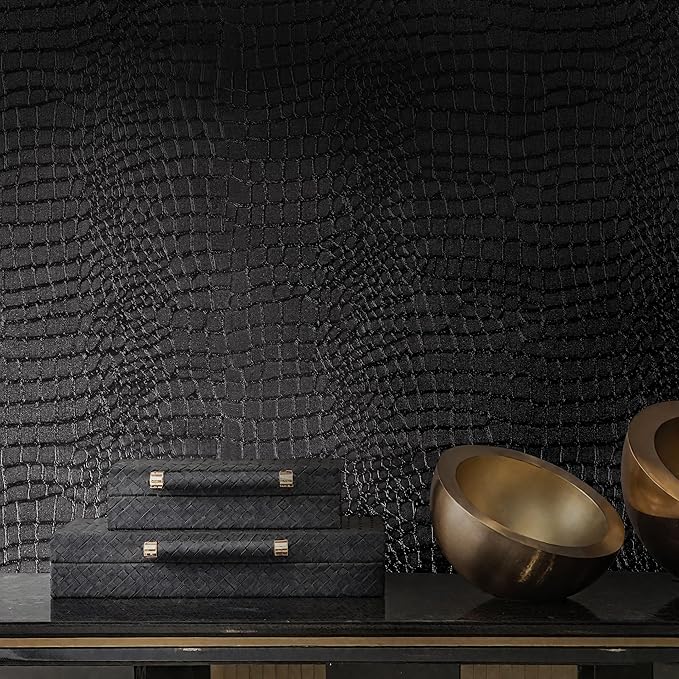 Peel and Stick Wallpaper Black Crocodile Wall Paper Modern Textured Self-Adhesive Removable Contact Paper Thicken Waterproof Easy to Clean Decorative for Bedroom Bathroom Film 118 "x15.75