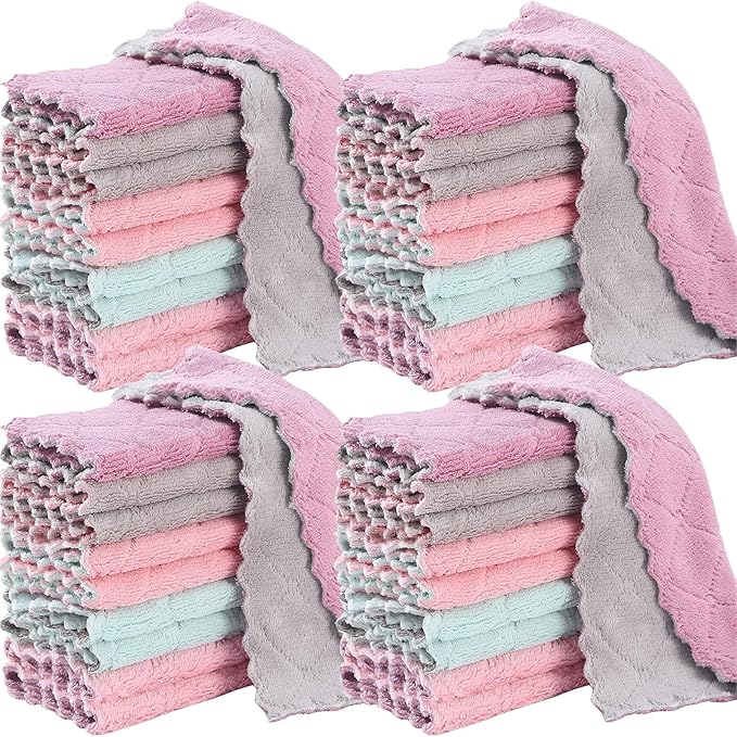 32 Pack Kitchen Dish Cloths Dish Towels, Super Soft and Absorbent Coral Fleece Cloth, Coral Velvet Microfiber Cleaning Cloth, Nonstick Oil Washable Fast Drying Dish Rags for Clean Table, Dish, Glass.