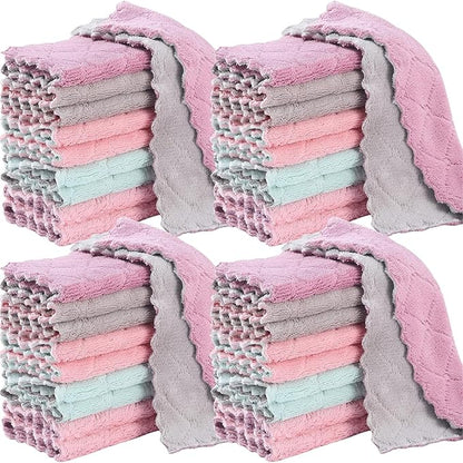 32 Pack Kitchen Dish Cloths Dish Towels, Super Soft and Absorbent Coral Fleece Cloth, Coral Velvet Microfiber Cleaning Cloth, Nonstick Oil Washable Fast Drying Dish Rags for Clean Table, Dish, Glass.