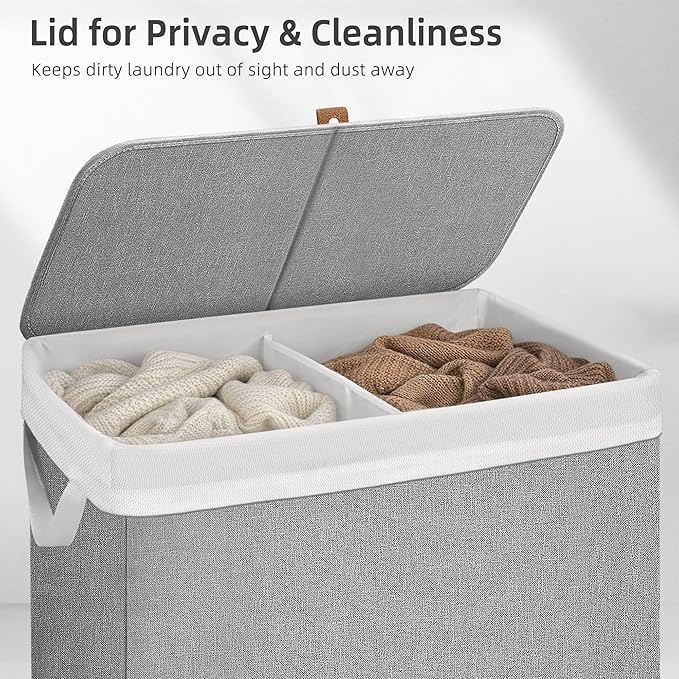 STORAGE MANIAC Double Laundry Hamper with Lid, 140L Tall Metal Frame Laundry Baskets with Removeable Bag, Large Clothes Hamper with PU Tag, Laundry Bin for Dorm, Collage, Bathroom, Bedroom, Gray