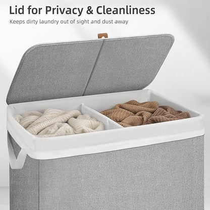 STORAGE MANIAC Double Laundry Hamper with Lid, 140L Tall Metal Frame Laundry Baskets with Removeable Bag, Large Clothes Hamper with PU Tag, Laundry Bin for Dorm, Collage, Bathroom, Bedroom, Gray
