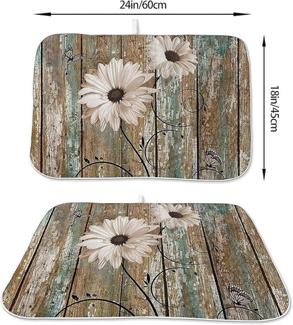 Floral Dish Drying Mat 18x24 Inches For Kitchen Counter Brown Daisy Flower Kitchen Decoration Drying Mat Decorative Floral Drying Pad for Kitchen Dining Room Decor