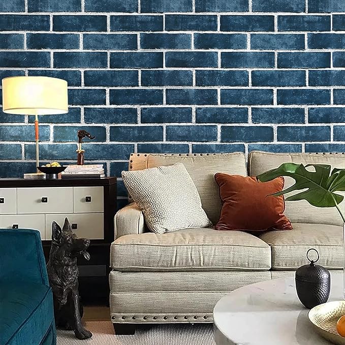 HeloHo 196.8"X17.7" Navy Blue Brick Wallpaper Peel and Stick Self-Adhesive Removable Brick 3D Textured Wall Paper for Kitchen Backsplash Living Room Bedroom Decor