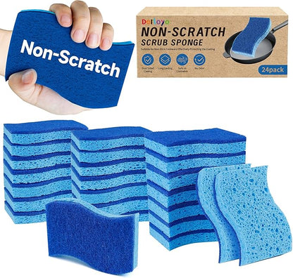 Non Scratch Scrub Sponges, 24 Count Kitchen Sponges Pack Safe on Non-Stick Cookware, Dual Sided Cleaning Sponges for Dishes, Blue