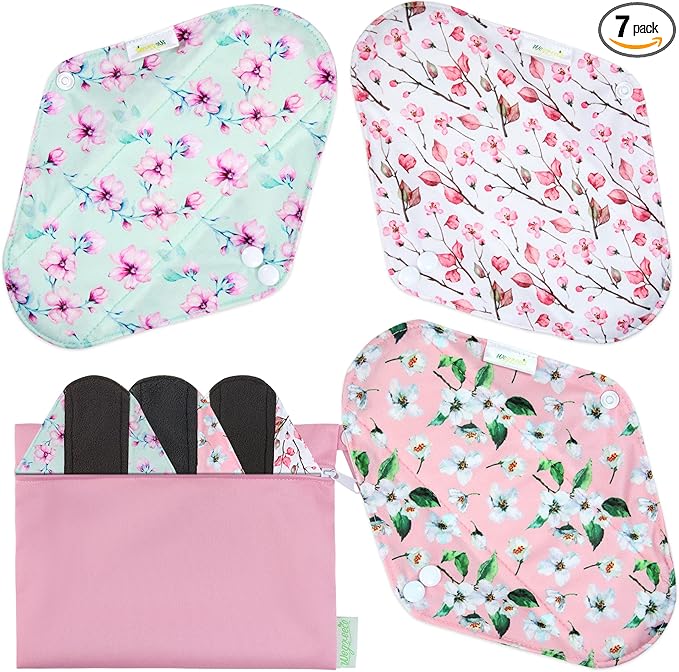 Wegreeco Reusable Menstrual Pads - Soft Cloth Sanitary Pads & Panty Liners - 6 Pack with 1 Cloth Mini Wet Bag (L, Cherry Blossoms)