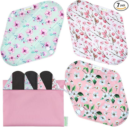 wegreeco Charcoal Reusable Menstrual Pads - Reusable Sanitary Pads | Reusable Panty Liners | Soft Cloth Menstrual Pads - 6 Pack with 1 Cloth Mini Wet Bag (M, Cherry Blossoms)