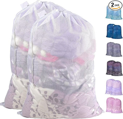 Polecasa Extra Heavy Duty Large Diamond Mesh Laundry Bags with Drawstring Closure & ID Tag, 2Pcs 24 x 36 inches Washable Storage Bag for Hamper, College, Travel, Sports, Dorms, White