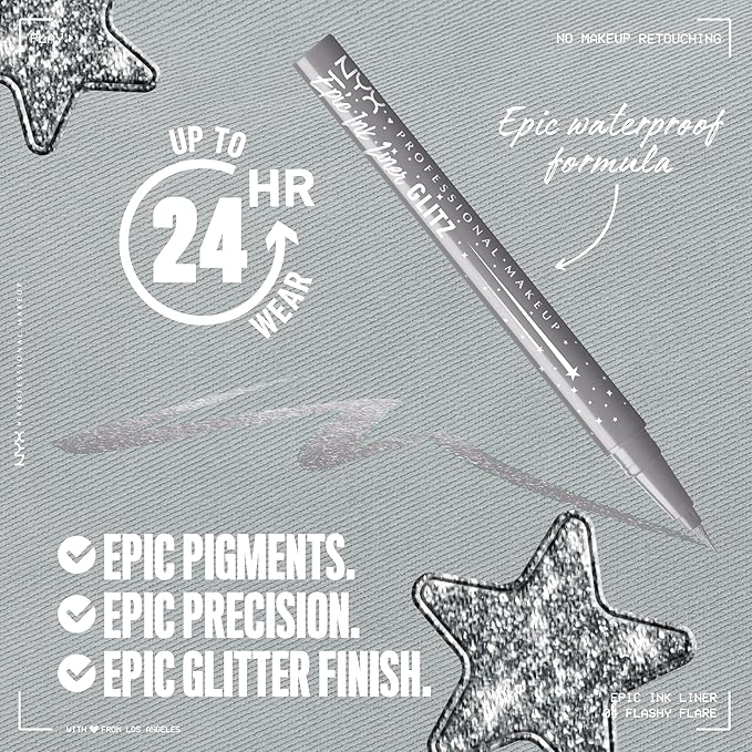 NYX PROFESSIONAL MAKEUP Epic Ink Glitz Liner, Waterproof Metallic Liquid Eyeliner with Vegan Formula - Flashy Flare (Shimmer Light Grey)