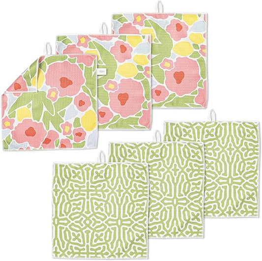 ELYN Microfiber Kitchen Dish Cloth Set, Quick-Dry & Absorbent Waffle Weave Cleaning Towels, Set of 6 Wash Cloths, Paper Towels & Sponge Alternative (Bold Floral & Geo)