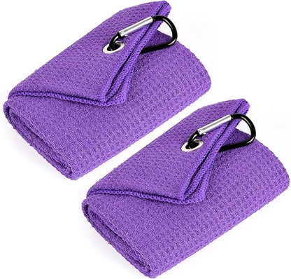 Mile High Life Tri-fold Golf Towel | 16" X 24" | Premium Microfiber Fabric | Waffle Pattern | with Heavy Duty Carabiner Clip | for Men and Women (2 Pack Purple)