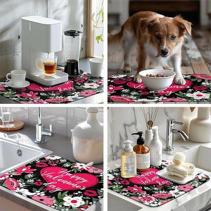 Heart Dish Drying Mat - 16x18 Inch Absorbent Dish Drainer Rack Mat - White Red Rose Floral Drying Pad - Valentine's Day Kitchen Accessories