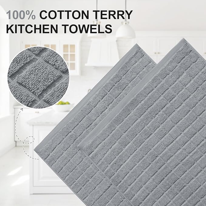 Homaxy Premium Cotton Kitchen Towels 16"x 28", Large Natural Ring Spun 390 GSM Dish Towels, Super Absorbent Terry Kitchen Hand Towels, Soft Tea Towels with Hanging Loop, Pure Grey Design, 12 Pack
