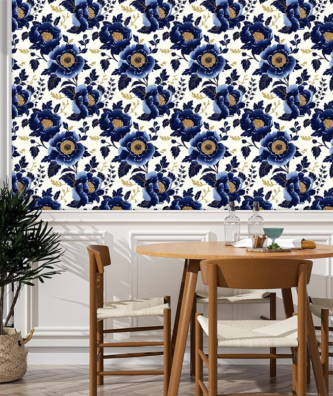 Fvlow Navy Floral Wallpaper Peel and Stick Dark Blue Large Flower Contact Wall Paper Waterproof Self-Adhesive Wall Covering for Bedroom Countertop Desk Cabinets Decor Renter Friendly 17.4" x 118"