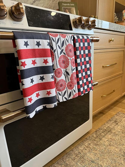 || 3 Pack|| Double Sided Dish Towels || Waffle Weave Microfiber || Tea Towels || Highly Absorbent || Hanging Loop || Dish Cloths || Modern || Designer Prints (July 4th)