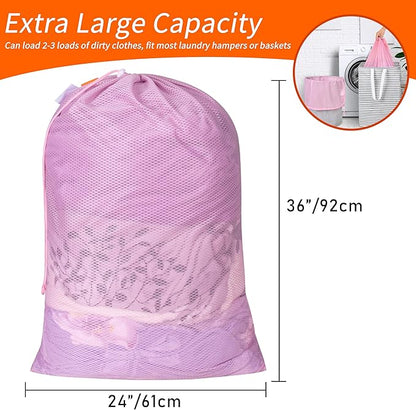 Polecasa Heavy Duty Large Mesh Laundry Bags with ID Tag and Locking Drawstring Closure - 2 Pack, 24 x 36 inches - Laundry Hamper Liner, Washable Laundry Bag for Travel, Sports, Dorms (Pink)