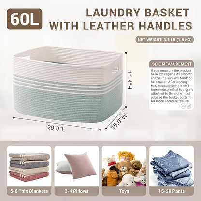 60L Laundry Basket for Living Room Storage, Woven Rope Baskets Bin for Blanket, Kids Toy, Gifts, Wicker Hamper for Bedroom Dirty Clothes, White Green