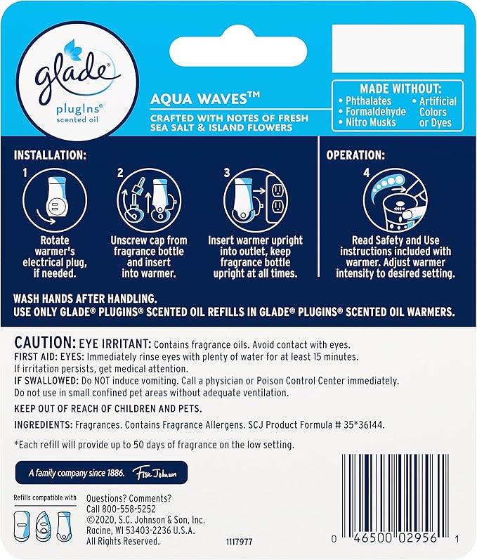 Glade PlugIns Refills Air Freshener, Scented and Essential Oils for Home and Bathroom, Aqua Waves, 1.34 Fl Oz, 2 Count