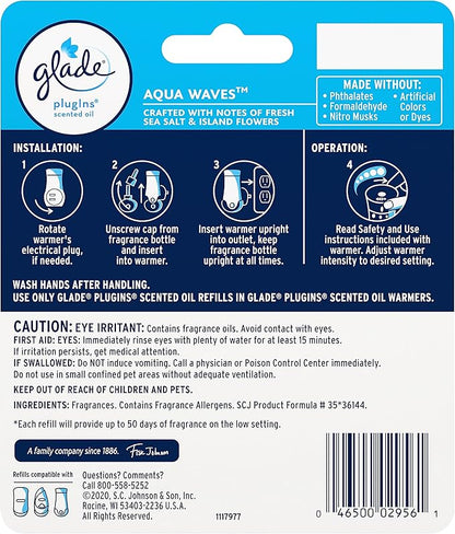 Glade PlugIns Refills Air Freshener, Scented and Essential Oils for Home and Bathroom, Aqua Waves, 1.34 Fl Oz, 2 Count