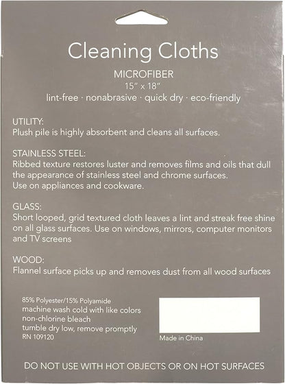 KAF Home Pantry Multipurpose Microfiber Textured Cleaning Cloth 4-Pack, 15 x 18-Inch, (1 Utility, 1 Stainless Steel, 1 Glass, 1 Wood)