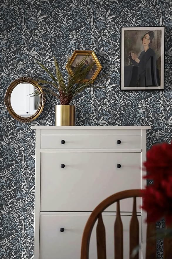 Heroad Brand 17.3''x393'' Blue Peel and Stick Wallpaper Boho Dark Blue Floral Contact Paper Removable Wallpaper Self Adhesive Wall Paper for Cabinets Waterproof Decoration for Walls