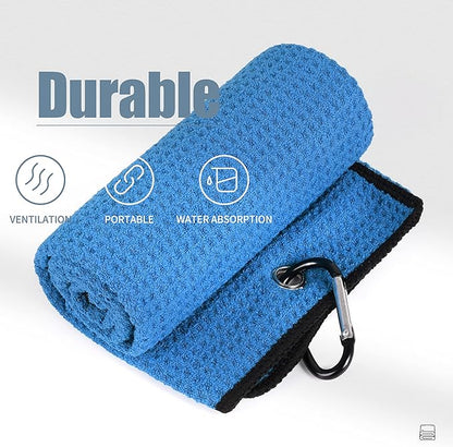Mile High Life Tri-fold Golf Towel | 16" X 24" | Premium Microfiber Fabric | Waffle Pattern | with Heavy Duty Carabiner Clip | for Men and Women (Blue)