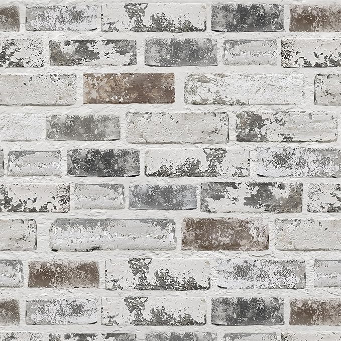 Brick Wallpaper Peel and Stick Wallpaper 17.3"x787" Grey and White 3D Brick Wallpaper Self Adhesive Vintage Wallpaper Removable Textured Contact Paper for Fireplace Kitchen Home Decoration Vinyl