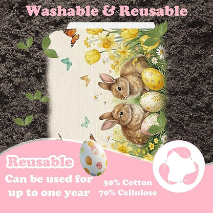 Easter Swedish Dishcloths for Kitchen, 6 Pack Yellow Bunny Floral Swedish Dish Cloths for Washing Dishes, Reusable Washable Absorbent Dish Towels for Home Kitchen Cleaning Quick Drying