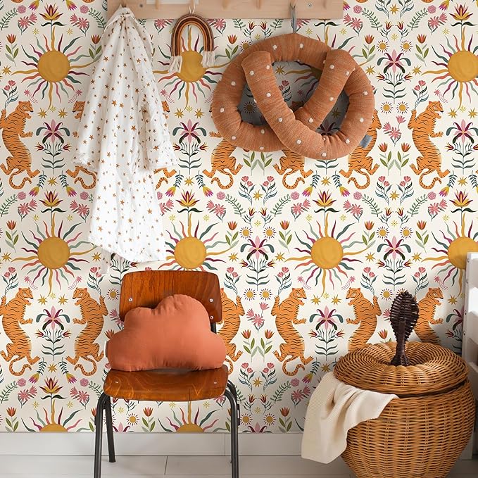 JiffDiff Beige Tiger Peel and Stick Wallpaper - Removable Self Adhesive Wall Paper for Bedroom, Living Room, Nursery Waterproof DIY Wall Decor (17.3" x 480")