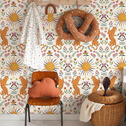 JiffDiff Beige Tiger Peel and Stick Wallpaper - Removable Self Adhesive Wall Paper for Bedroom, Living Room, Nursery Waterproof DIY Wall Decor (17.3" x 120")