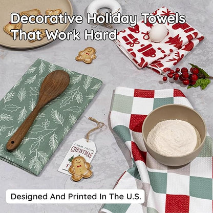 Christmas Kitchen Towels Set of 3 Minty Xmas – Microfiber Waffle Weave Dish Towels 16x24, Super Absorbent & Lint-Free Holiday Kitchen Towels for Drying, Cleaning & Christmas Décor