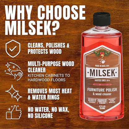 Milsek Furniture Polish and Wood Cleaner with Cinnamon Raspberry Scent - for Home and Household from Hardwood Floors to Kitchen Cabinets - 12 Fl Oz (Pack of 4)