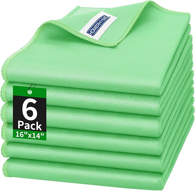 HOMERHYME Microfiber Cleaning Cloth, 6 Pack Glasses Cleaning Cloth, 16" ×14" Window Cleaning Rags, Streak Free Lint Free Polishing Cloths Wipes for Eye Glass Stainless Steel Windshield, Sage Green