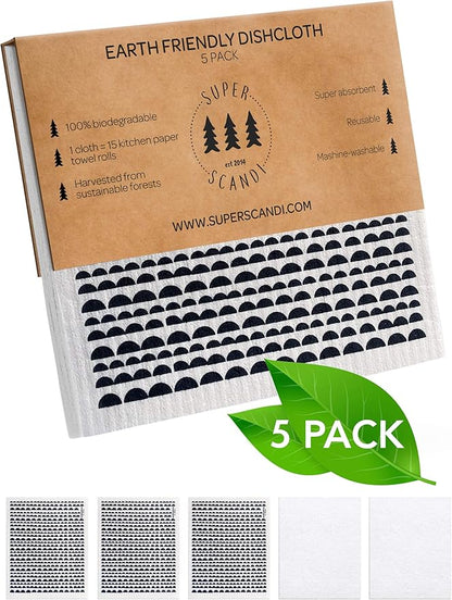 SUPERSCANDI 5 Pack Swedish Dishcloths for Kitchen - 100% Biodegradable & Compostable Reusable Paper Towels Washable, Food-Safe & Without Plastic - Dish Rags Suitable for Any Surface, Moon Black