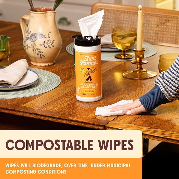 Aunt Fannie's Wood Surface Cleaning Wipes, Multipurpose Wood Surface Cleaner for Cabinets, Furniture, and Wood Floors, Lemon Scent, 35 Count (Pack of 1)
