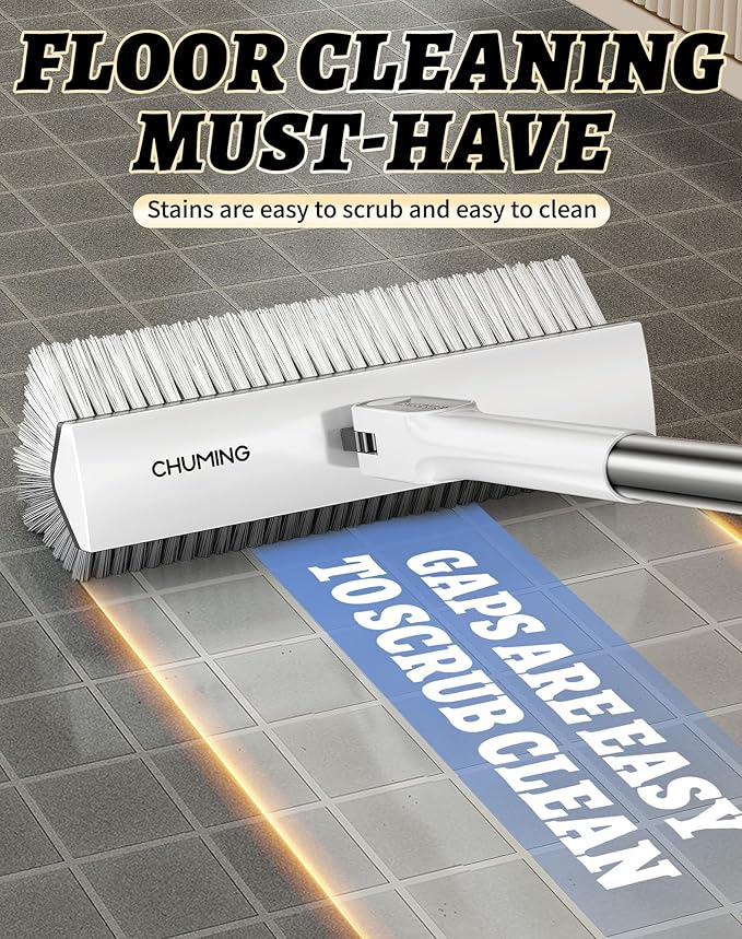 V-Shape Floor Scrub Brush with Long Handle, 180° Swivel Stiff Bristle Shower & Grout Cleaner Brush, Heavy-Duty Bathroom and Floor Cleaning Tool with 51" Stainless Steel Handle