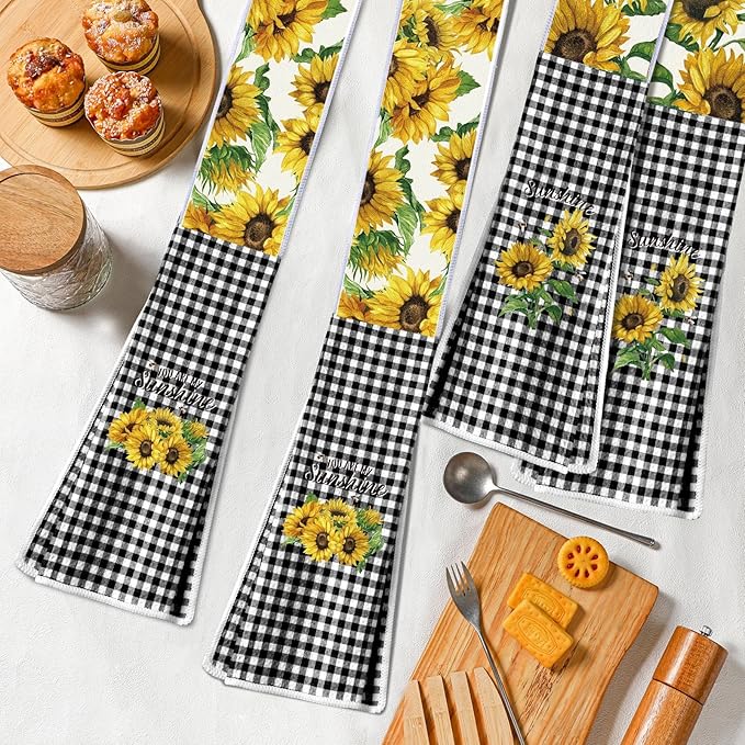 2 Pack Sunflower Kitchen Scarf Boa Dish Towel 4 x 68 Inch for Holiday Cooking Baking Accessories Plaid Decor Cotton