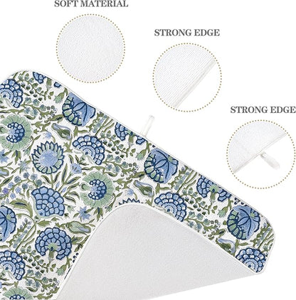 Floral Dish Drying Mat 18x24 Inches For Kitchen Counter Absorbent Block Print Flower Kitchen Decoration Boho Floral Drying Mat Pad For Home Kitchen,Dining Room,Office Decoration