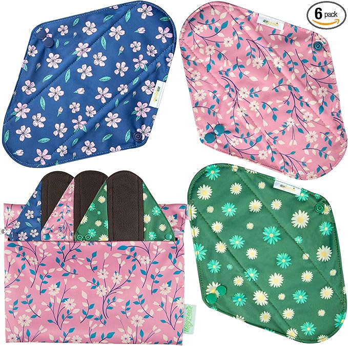 Wegreeco Cloth Menstrual Pads - Soft Washable Pads for Women - Reusable Panty Liners for Women - 6 Pack with 1 Cloth Mini Wet Bag (Large, Chrysanthemums)