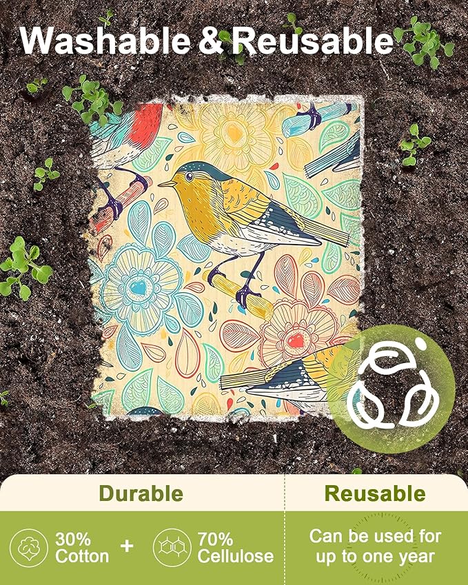 Swedish Dishcloths for Kitchen - 5 Pack Reusable Dish Cloths for Washing Dishes Absorbent Cute Funny Kitchen Towels Cleaning Sponge, Flower Bird