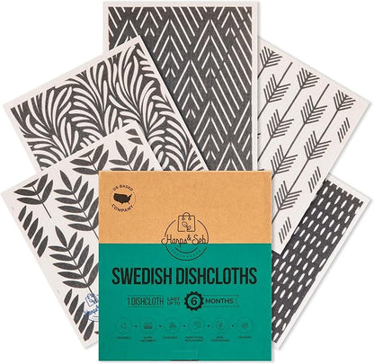 Harps&Seb Swedish Dishcloths for Kitchen Dish Towels - 5 Pack, Non-Scratch Reusable Paper Towels, Super Absorbent Washable Swedish Dish Cloths, No Odor, Biodegradable, Black and White Design