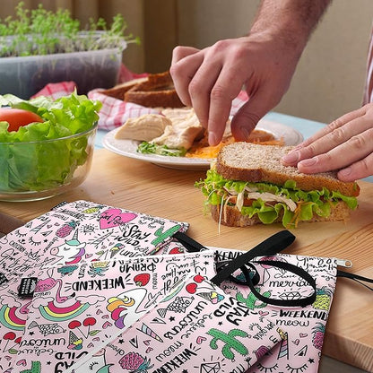 Nordic By Nature-Dual Layer Reusable Sandwich & Snack Bags – BPA-Free, Easy Clean, School Lunch Bags for Kids & Adults (Unicorns & Rainbows)