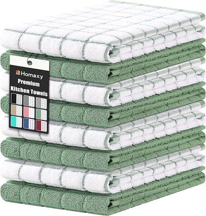 Homaxy Premium Cotton Kitchen Towels 16"x 28", Large Natural Ring Spun 390 GSM Dish Towels, Super Absorbent Terry Kitchen Hand Towels, Soft Tea Towels with Hanging Loop, Grass Green Check, 8 Pack