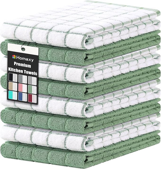Homaxy Premium Cotton Kitchen Towels 16"x 28", Large Natural Ring Spun 390 GSM Dish Towels, Super Absorbent Terry Kitchen Hand Towels, Soft Tea Towels with Hanging Loop, Grass Green Check, 8 Pack