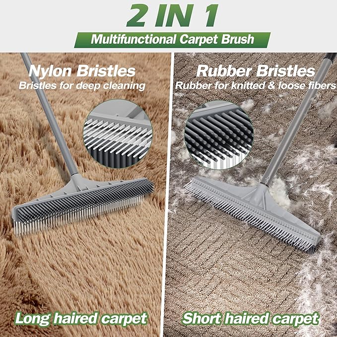 Walensee Carpet Rake for Pet Hair Removal, 2 in 1 Rug Rake to Fluff Carpet with Nylon Groomer Brush, Adjustable Long Handle for Shag Rugs, Stairs, Mats and Floors, Rubber Broom
