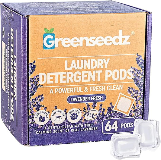 Greenseedz Laundry Pods, Fresh Lavender Scent, 64 Pacs, Eco Friendly, Powerful Clean, Biodegradable, HE Compatible