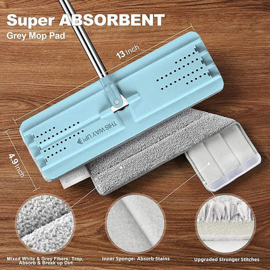 JOYMOOP Flat Mop, Microfiber Mops for Floor Cleaning and Wall Cleaner, 50" Mops with 13" Flat Head with a Microfiber Mop Pad - Pale Aqua